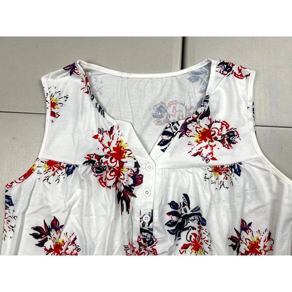 Women's Medium White Floral Sleeveless Blouse Flowy Tank Flare V Neck Button Top - Picture 5 of 6
